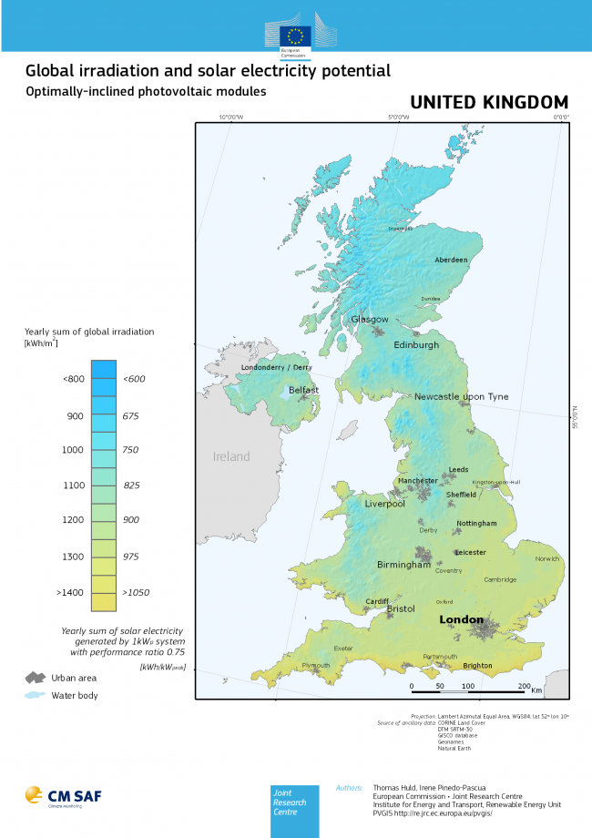 A map produced by the PV-GIS service showing the annual solar irradiance for an optimally inclined solar photovoltaic panel in locations throughout the United Kingdom.